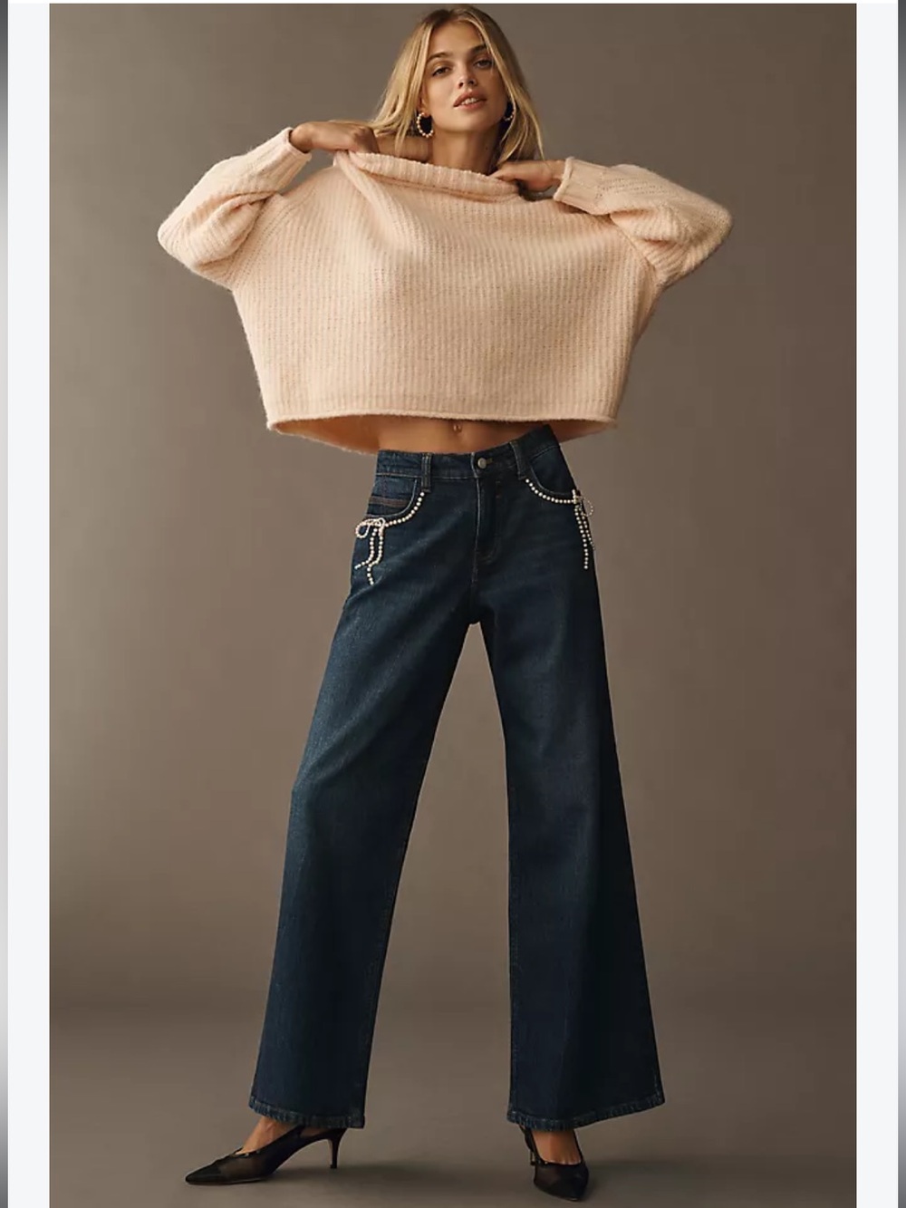 ANTHROPOLOGIE Pilcro Pearl Embellished Bow Wide Leg Jeans Dark Denim NEW